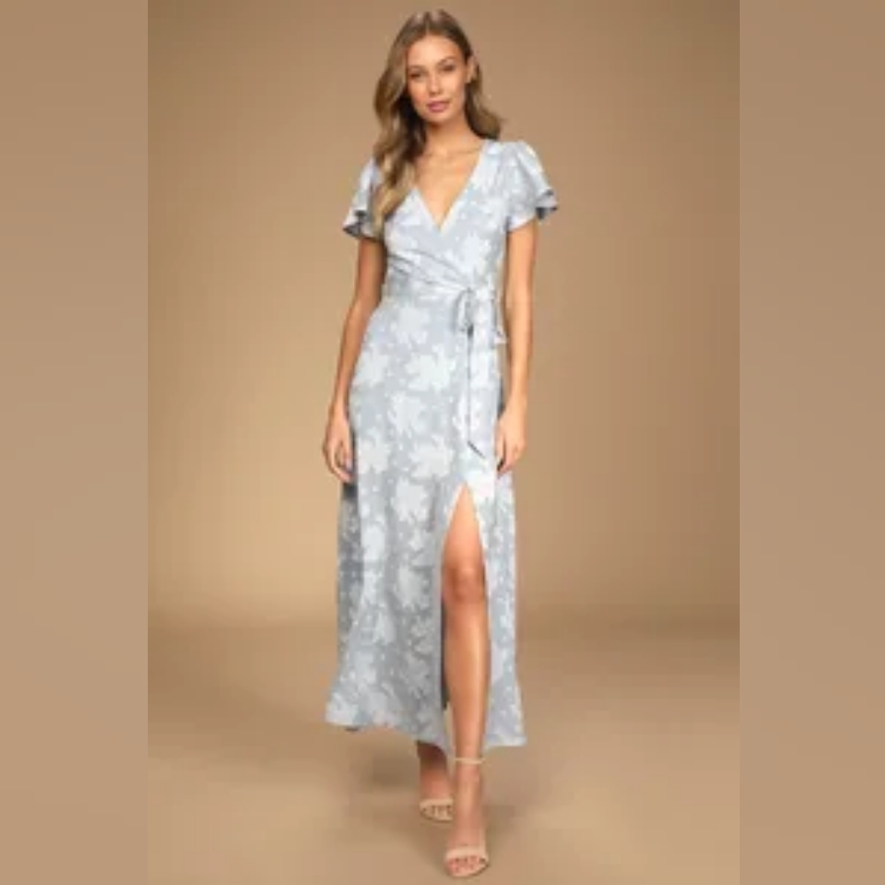 Light blue Lulu's wrap style floral texture midi dress